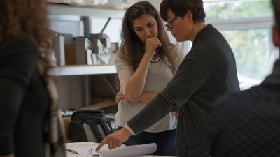 Alaa gets feedback on her work from architecture instructor Alexandra Paio.